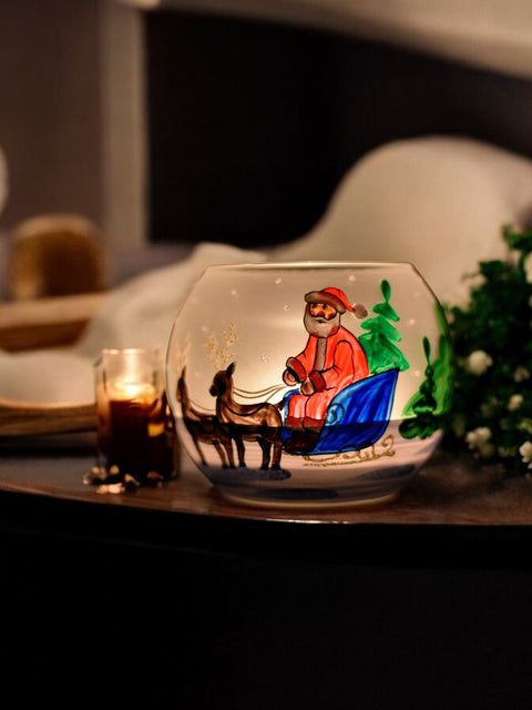 Glass Candle Holder - Santa Claus In Sleigh Design