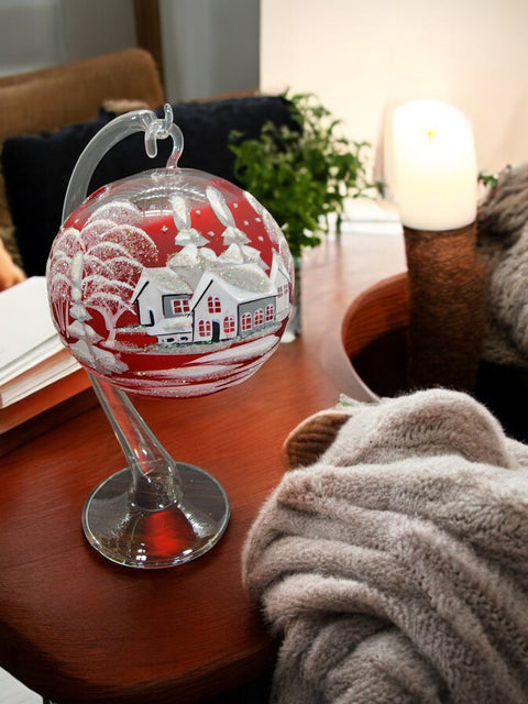 Red Glass Terrarium Candle Holder, Hand Crafted in Ukraine, White Cabin Winter Wonderland, Wonderful Year Round