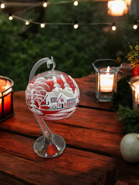 Red Glass Terrarium Candle Holder, Hand Crafted in Ukraine, White Cabin Winter Wonderland, Wonderful Year Round