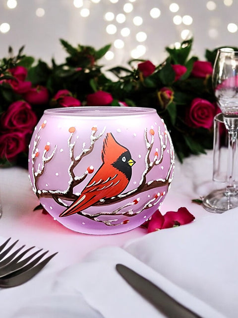 Purple Glass Candle Holder - Red Cardinal - Multiple Sizes