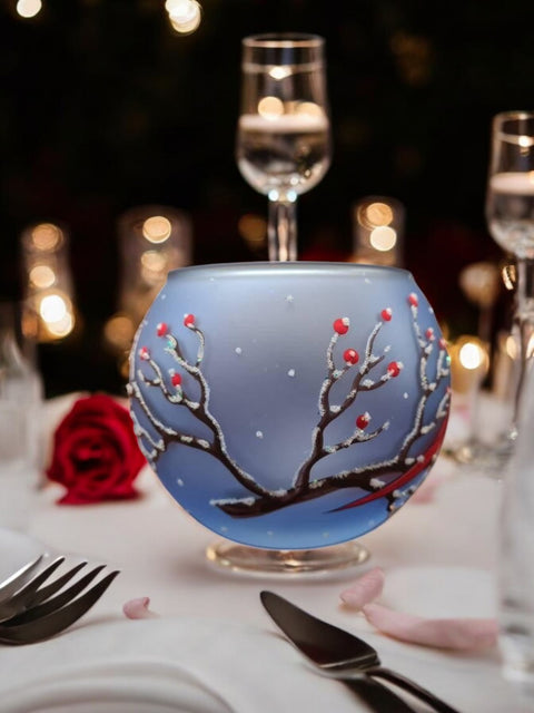 Light Blue Glass Candle Holder - Red Cardinal- Multiple Sizes