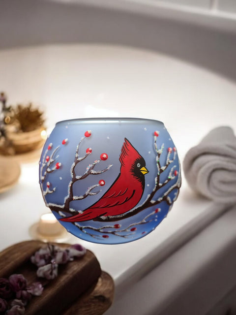 Light Blue Glass Candle Holder - Red Cardinal- Multiple Sizes