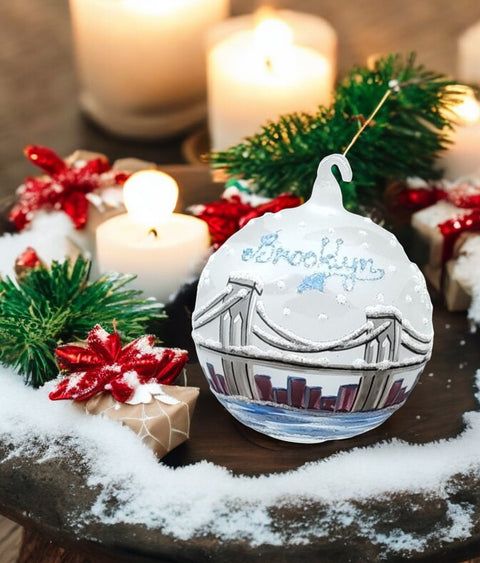 Frosted Blown Glass Ornament - Handcrafted - Brooklyn Bridge Design