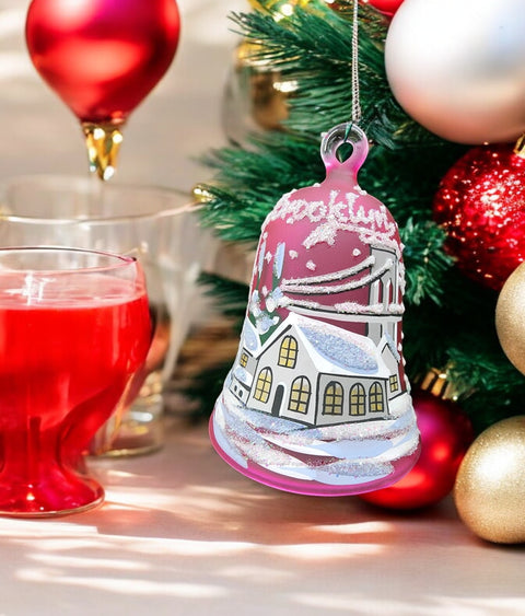 Pink Blown Glass Bell Ornament –  Brooklyn Bridge Design with Clapper