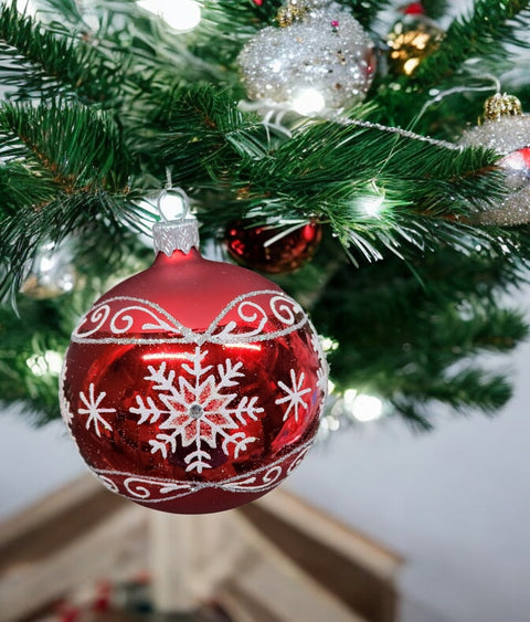 Red/White Blown Glass Ornament - Handcrafted - Large Snowflake Design