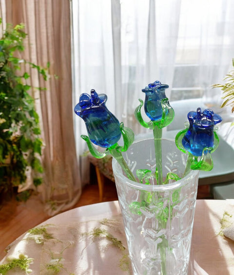 Blue Glass Rose - Handcrafted Medium Stem Flower