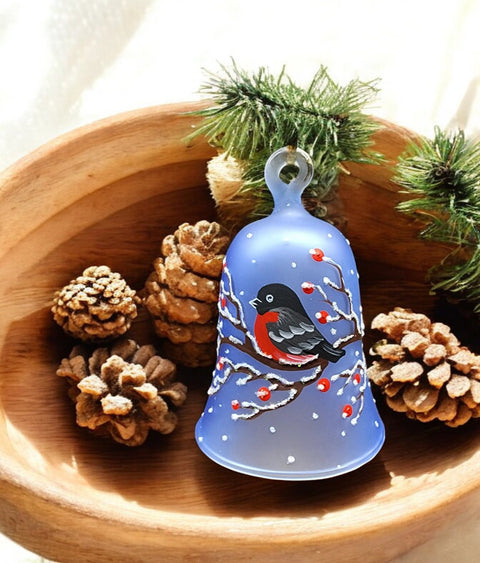 Light Blue Blown Glass Bell Ornament – Finch Design with Clapper