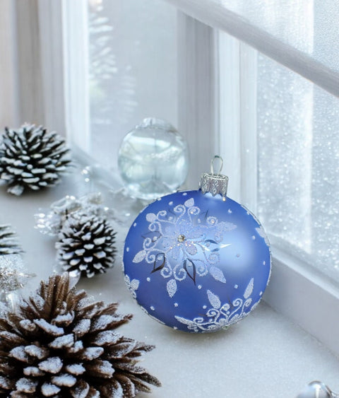 Light Blue Blown Glass Ornament - Handcrafted - Fancy Snowflake Design