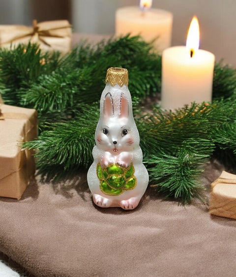 Hand Decorated Glass Keepsake Ornament - Charming Bunny With Lettuce Design