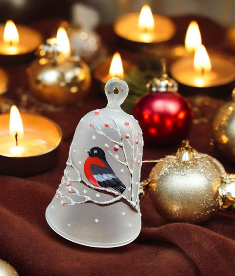 Frosted Blown Glass Bell Ornament – Finch Design with Clapper