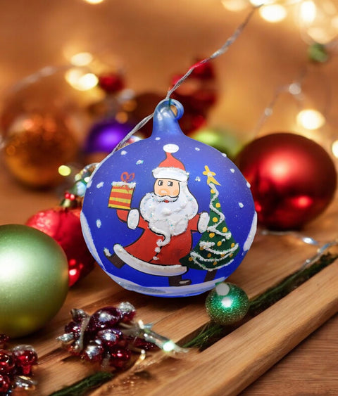 Blue Blown Glass Ornament - Handcrafted -  Charming Santa Claus Design