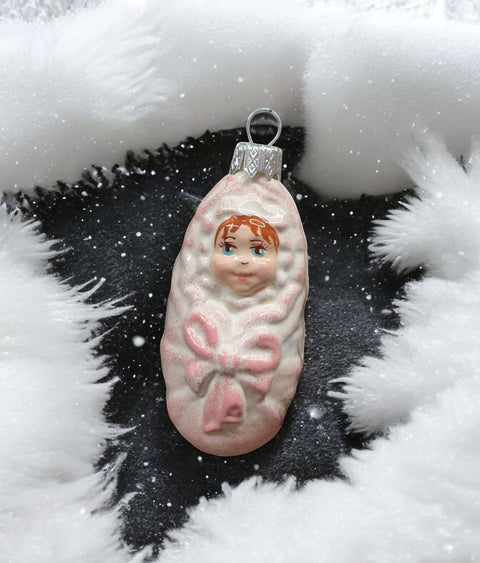 Hand Decorated Glass Keepsake Ornament - Charming Baby In Pink Swaddle Design