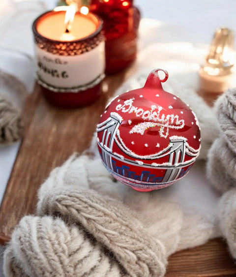 Red Glass Brooklyn Ornament - Brooklyn Bridge - Blown Glass - Hand Painted In Ukraine - Natural Glass Loop - Exquisite Craftsmanship