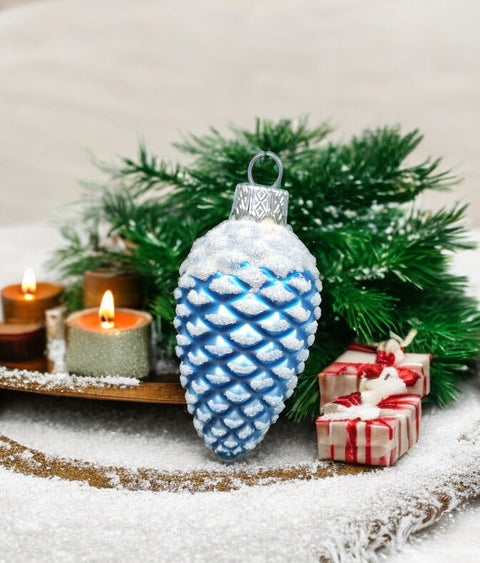 Hand Decorated Glass Keepsake Ornament - Charming Blue Pinecone Design