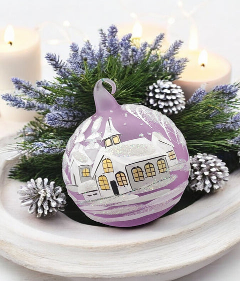 Lavender Blown Glass Ornament - Handcrafted - White Church Design