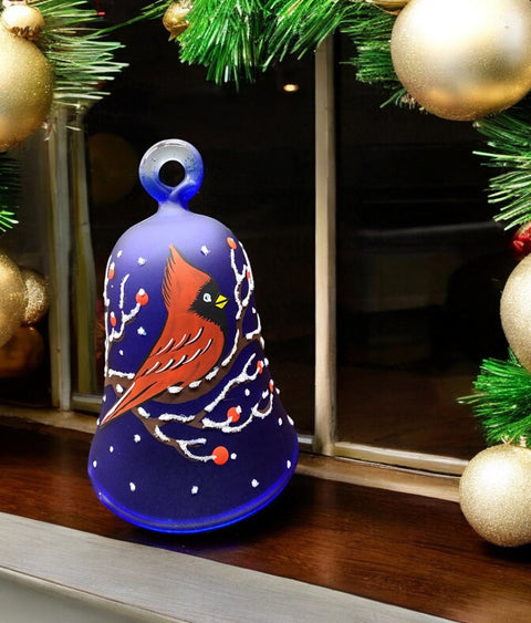 Blue Blown Glass Bell Ornament – Red Cardinal Design with Clapper