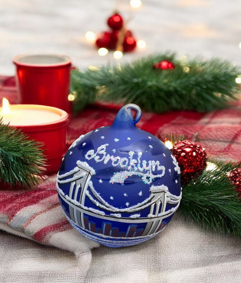 Blue Blown Glass Ornament - Handcrafted - Brooklyn Bridge Design