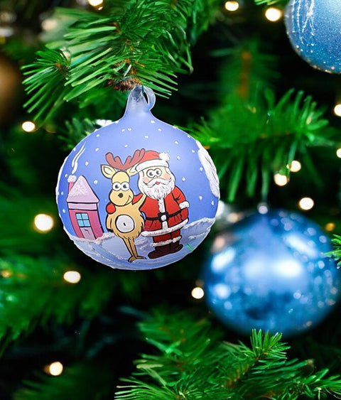 Light Blue Blown Glass Ornament - Handcrafted -  Santa N Reindeer Design