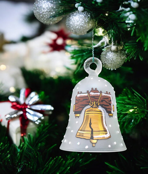 Frosted Blown Glass Bell Ornament – Liberty Bell Design with Clapper