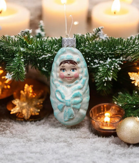 Hand Decorated Glass Keepsake Ornament - Baby in Blue Swaddle Design