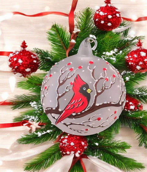 Frosted Blown Glass Ornament - Handcrafted - Red Cardinal Design