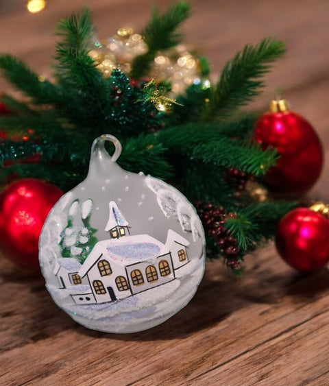 Frosted Blown Glass Ornament - Handcrafted - White Church Design