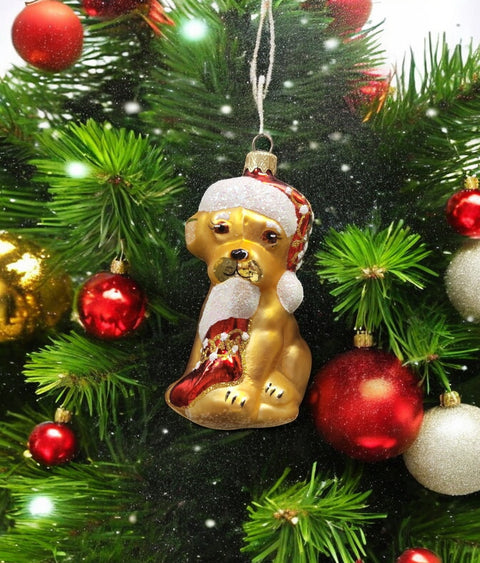 Hand Decorated Glass Keepsake Ornament - Charming Dog w Stocking Design