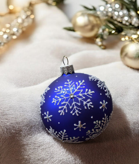 Blue Blown Glass Ornament - Handcrafted - Large Snowflake Design