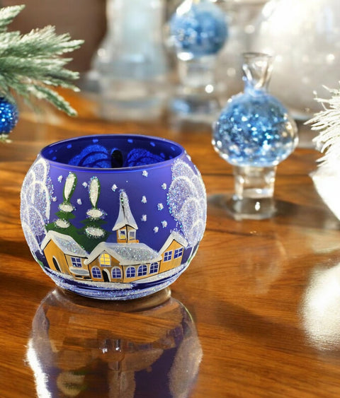 Large Blue Glass Candle Holder, Hand Crafted in Ukraine, Brown Cathedral Winter Wonderland, Wonderful Year Round