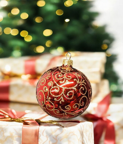 Red Blown Glass Ornament - Modern Design - Red & Gold Ornament - Hand Made In Ukraine - Hand Painted - Keepsake Ornament - Natural Glass