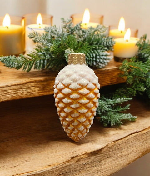 Hand Decorated Glass Keepsake Ornament - Charming Gold Pinecone Design