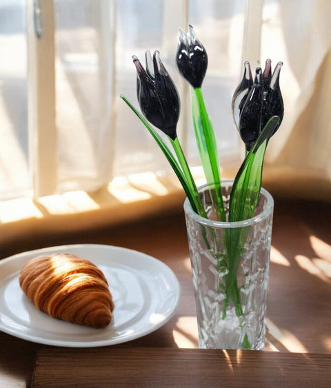 Black Glass Tulip, Handcrafted Glass Flower, Hand Made In Ukraine Using Murano Quality Glass, Great Gift For Flower Lovers, 12 Inch Tulip