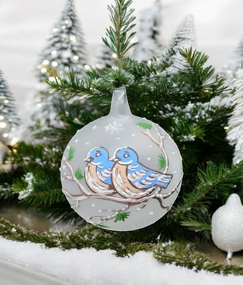 Frosted Blown Glass Ornament - Handcrafted -  Birds On Branch Design