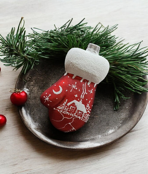 Hand Decorated Glass Keepsake Ornament - Charming Large Red Mitten Design