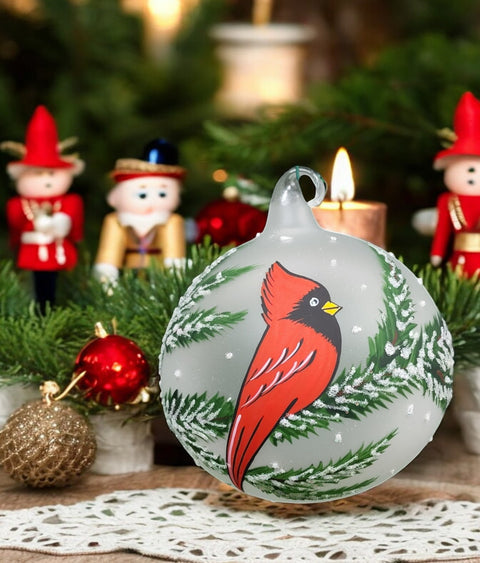 Frosted Blown Glass Ornament - Handcrafted - Red Cardinal Design