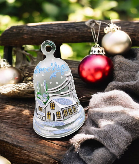 Frosted Blown Glass Bell Ornament - Handcrafted - Brooklyn Bridge Design With Clapper