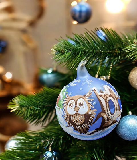 Light Blue Blown Glass Ornament - Handcrafted - Fun Owl Design