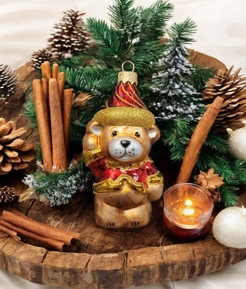 Hand Decorated Glass Keepsake Ornament - Charming Bear In Hat Design