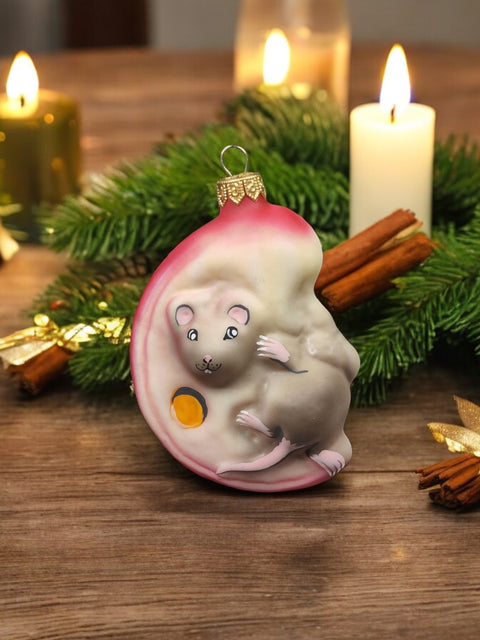 Hand Decorated Glass Keepsake Ornament - Charming Mice In Cheese Design