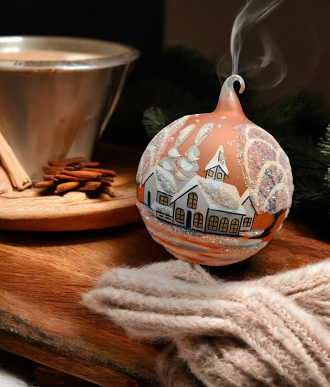 Orange Blown Glass Ornament - Handcrafted - White Church Design