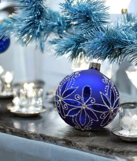 Blue Blown Glass Ornament - Handcrafted - Fancy Flower Design