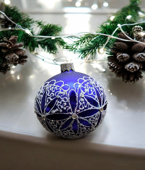 Blue Blown Glass Ornament - Handcrafted - Fancy Flower Design