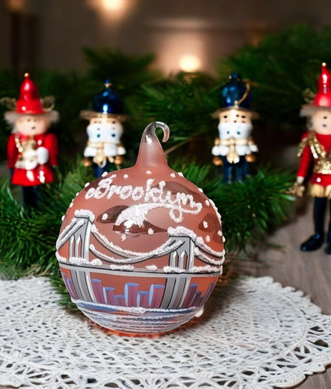 Orange Blown Glass Ornament - Handcrafted - Brooklyn Bridge Design