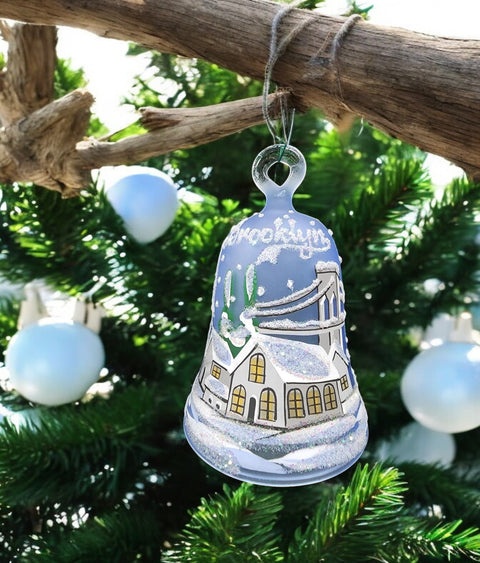 Light Blue Blown Glass Bell Ornament – Brooklyn Bridge Design with Clapper