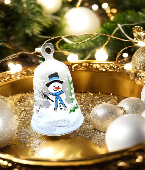 Frosted Blown Glass Bell Ornament - Snowman Design with Clapper