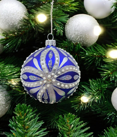 Blue Blown Glass Ornament - Handcrafted - Blue & Silver Ornament Design