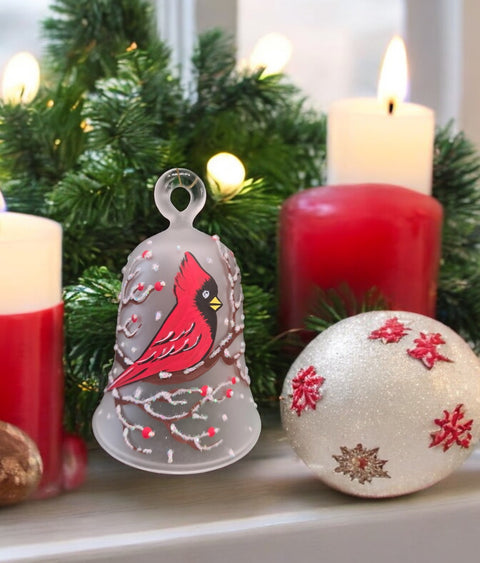 Frosted Blown Glass Bell Ornament – Red Cardinal Design with Clapper