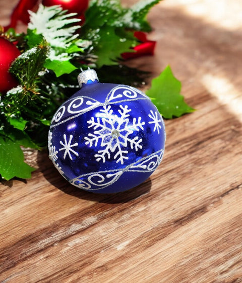 Blue Blown Glass Ornament - Handcrafted - Large Snowflake Design