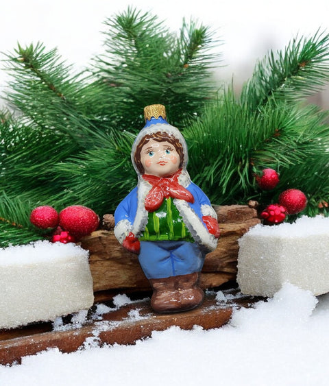 Hand Decorated Glass Keepsake Ornament - Charming Boy with Blue Coat Design