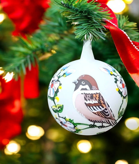 Blown Glass Ornament - Bird On Vine - Made In Ukraine - Birds And Flowers - Keepsake Ornament - White Ornament - Hand Painted - Bauble